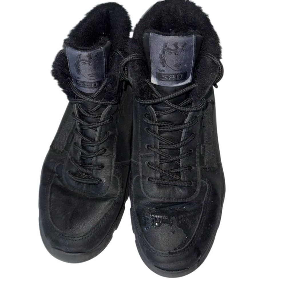 Unisex Black Leather‎ High Top Sneakers Size 7 embroidered lace up